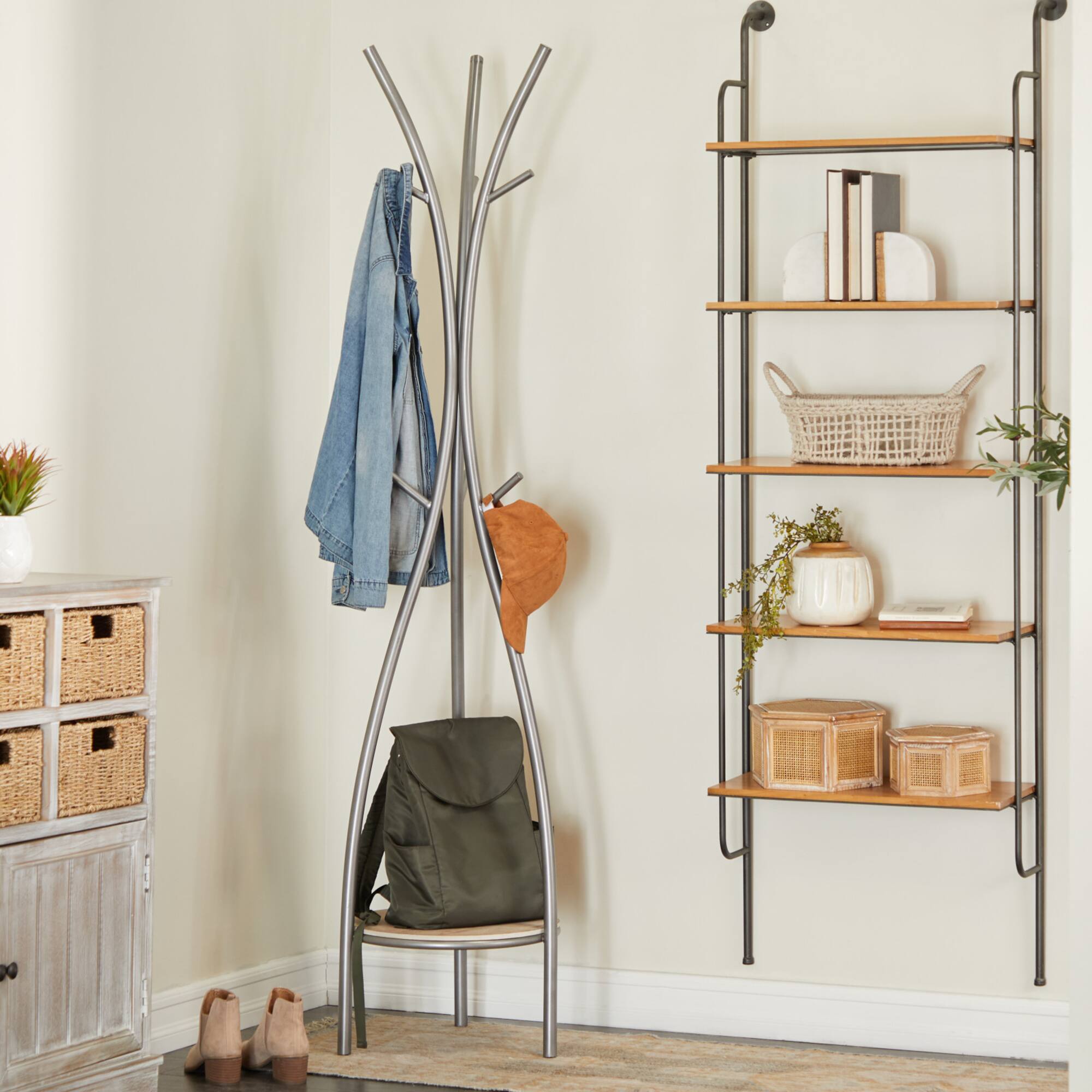 Silver Metal Modern Coat Rack, 73" x 17" x 17"